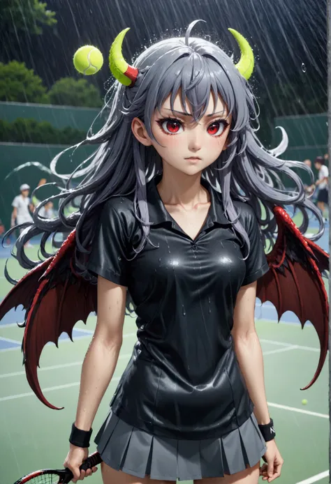 8k, Highest quality, Manga style, View your viewers, Intricate details,One person, Nakiri Ayame, Six alternating black angel and devil wings, ２Demon horns in the book, Multicolored Hair, Long Hair, Red eyes, Gray Hair, Tennis Wear, tennis racket, The momen...