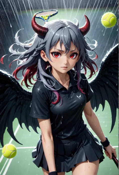 8k, Highest quality, Manga style, View your viewers, Intricate details,One person, Nakiri Ayame, Six alternating black angel and devil wings, ２Demon horns in the book, Multicolored Hair, Long Hair, Red eyes, Gray Hair, Tennis Wear, tennis racket, The momen...