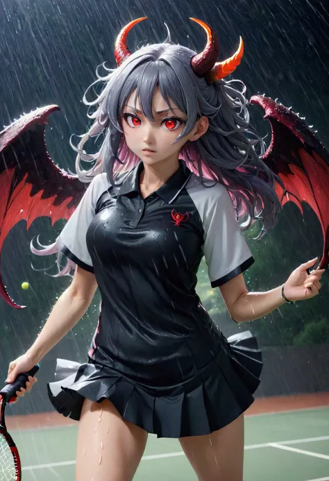 8k, Highest quality, Manga style, View your viewers, Intricate details,One person, Nakiri Ayame, Six alternating black angel and devil wings, ２Demon horns in the book, Multicolored Hair, Long Hair, Red eyes, Gray Hair, Tennis Wear, tennis racket, The momen...