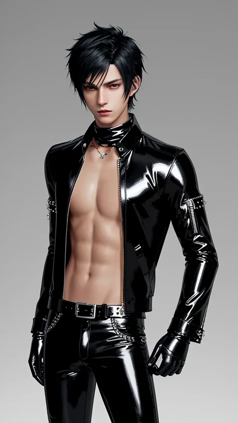 Final fantasy taste and reality graphics, Japanese young cute and cool ikemen  boy, his age is early 20s, thin eyebrows and beady eyes,  he wearing black color and  shining brightly enamel leather thick single-brest biker jacket, with epaulet, enamel leath...