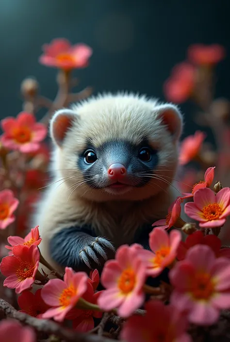 A captivating and surreal photographgraph of a cute extra fluffy baby Anteater rendering of a colorful カスミソウ, Against an ominous background, Dark Background. feather, Bright colors, Highlighting rich cultural elements. The background provides sharp contras...