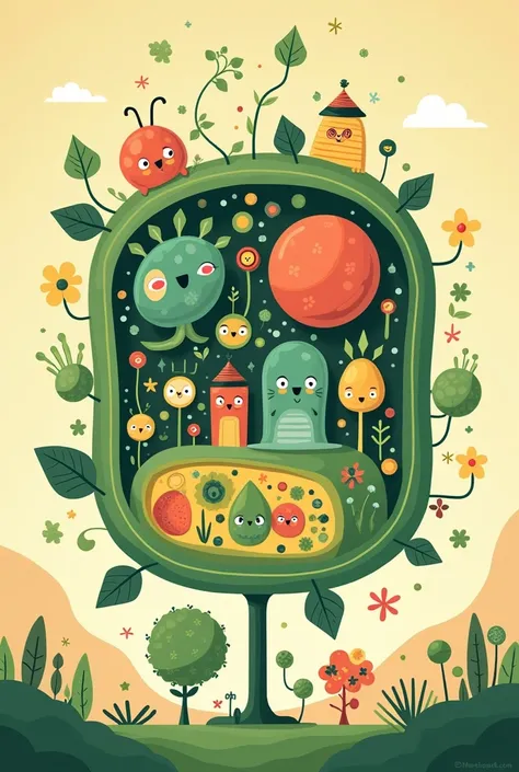 make the plant cell with its part look like community related in their functions. cute, aesthetic poster