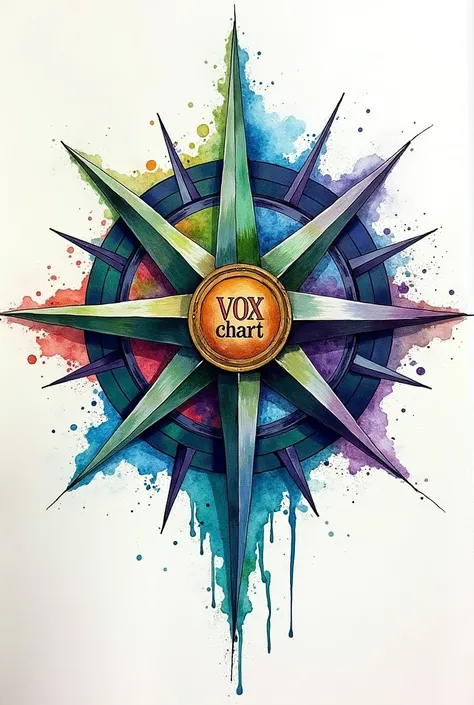 Create a three-dimensional compass and whrite the inscription "VOX CHART" inside it. Using the combination of watercolor and mixed media colored pencils. Use vibrant colors. 