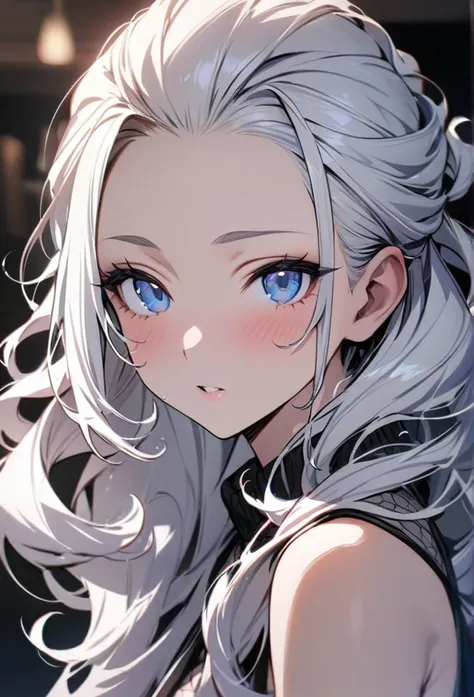 solo, 1girl, white hair, blue eyes, (((high quality))), masterpiece, detailed face, ((curly hair)), long hair, hair pulled back,...