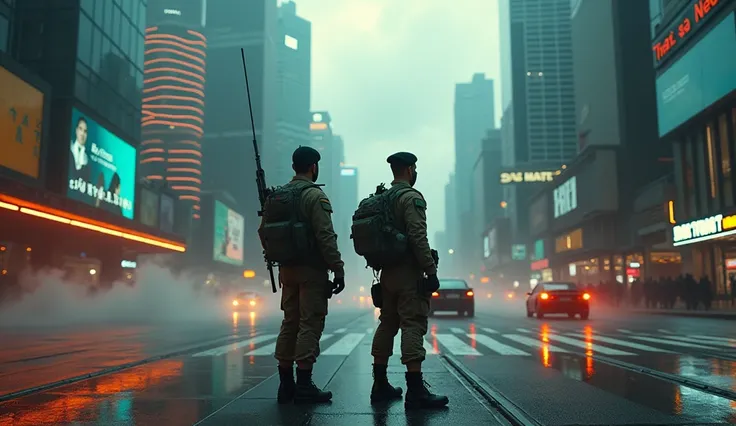 2 soldiers in military uniforms on Avenida Paulista, São Paulo in chaos, futuristic cityscape, cinematic lighting, dramatic clouds, vibrant colors, highly detailed, 8k, photorealistic, cinematic composition, dramatic atmosphere, intense action