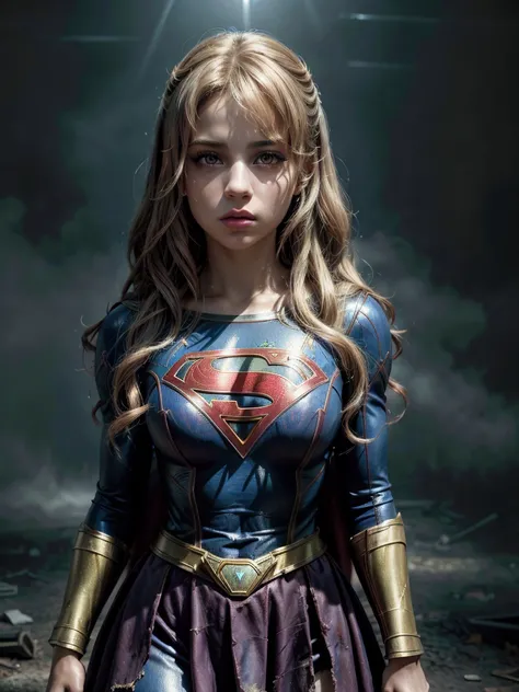 Arianna Grande as Supergirl from DC Comics,dark mode,cinematic,fog,dark environment,rare illumination,moody lighting,cinematic,dramatic,heroic pose,intense expression,chiaroscuro,volumetric lighting,deep shadows,glowing eyes,tattered costume,dystopian,grit...