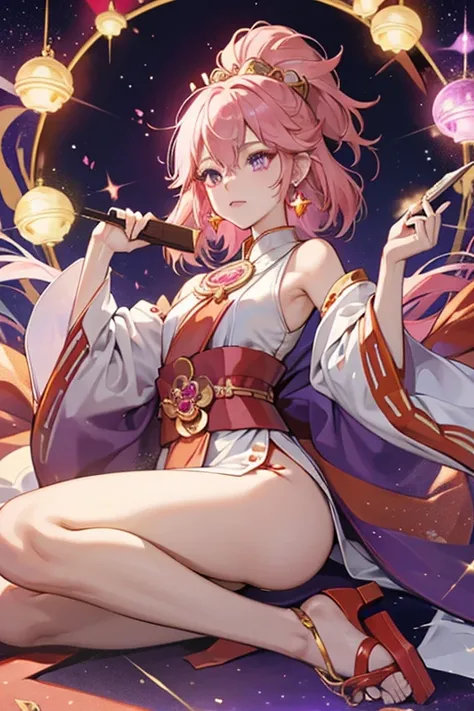 miko pink hair. Miko wears a unique and stylized variation of clothing inspired by the colors of a shrine priestess traditional outfit, including a sleeveless hakui robe and sandals. She wears a golden head accessory accompanied by matching golden earrings...