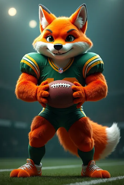 a fox-red football mascot NFL in a GREEN/GOLD and white uniform, holding a Football, highly detailed, 4k, 8k, hyperrealistic, photorealistic, professional photography, studio lighting, vibrant colors, dynamic attack pose, detailed texture, cinematic lighti...