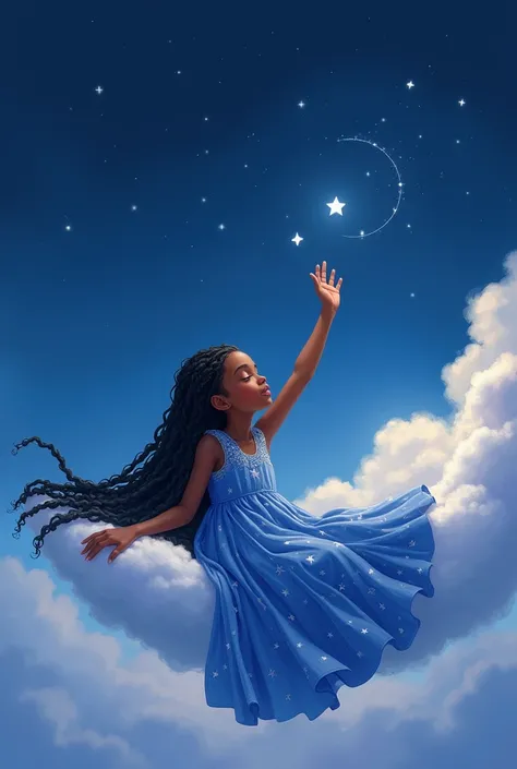  black girl sleeping on a cloud in the sky pointing at the stars with long black braids wearing a blue starry dress 