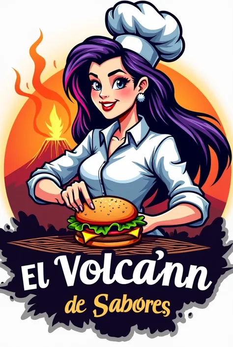 Could you please create a logo for a fast food restaurant with homemade hamburgers with a white female chef with black hair and purple streaks with a grill, a volcano and with the name El Volcán de Sabores written on it with a hamburger?