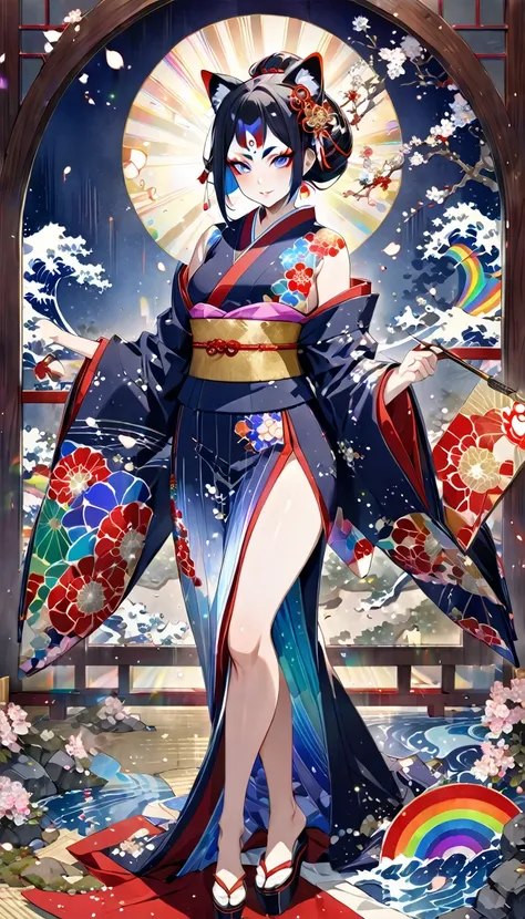 kabuki, kabuki make-up, Ukiyo-e, Japanese painting, woodblock print, attractive and seductive expression, wearing opened rainbow colorful Japanese kimono, background painted with a fusion of oil and watercolor iridescent stained glass, conceptual installat...