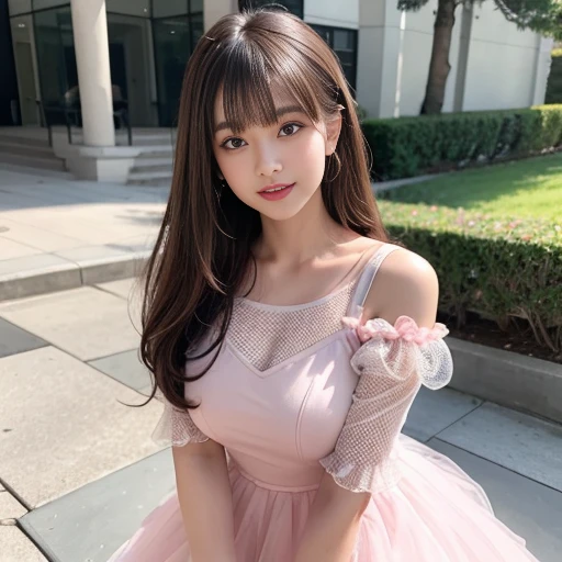 laughing out loud，travel scenery photos，Wear a flashy dress，mesh dress，puffy dress，pink dress，肩上有Puff sleeves，Puff sleeves，公主Puff sleeves，Puff sleeves蓋住肩膀，Puff sleeves cover shoulders，Short sleeve，A-line dress，High neck, Fluffy and lightweight dress，（The d...