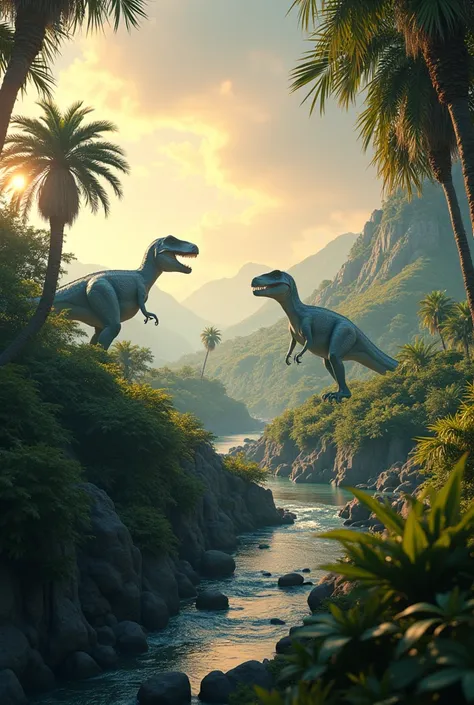 Ultra-high resolution，High-resolution details，Dinosaur Home，There are 2 dinosaurs in the distance，Vibrant colors，Bright，Depth of Field
