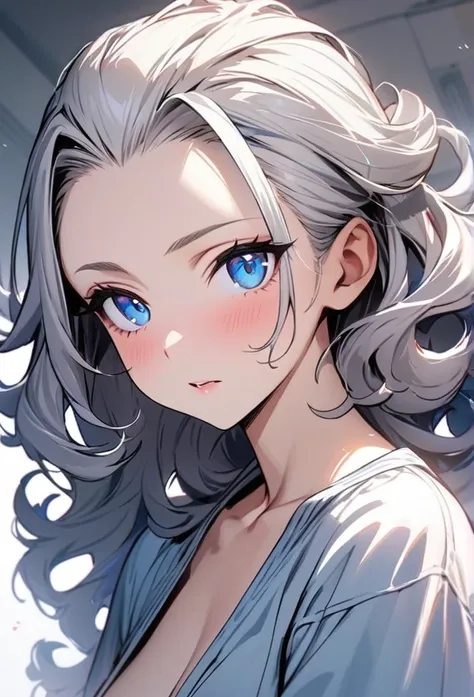 solo, 1 women, white hair, blue eyes, (((high quality))), masterpiece, detailed face, ((curly hair)), long hair, hair pulled bac...