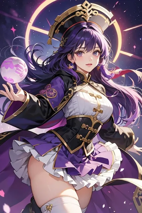 she purple hair. Yun Jins clothing consists of a puffy, long-sleeved, knee-length dark purple dress with a white underskirt. Layered above her underskirt is a dark purple overskirt divided in the middle, split into five sections. Her dress has a white mand...