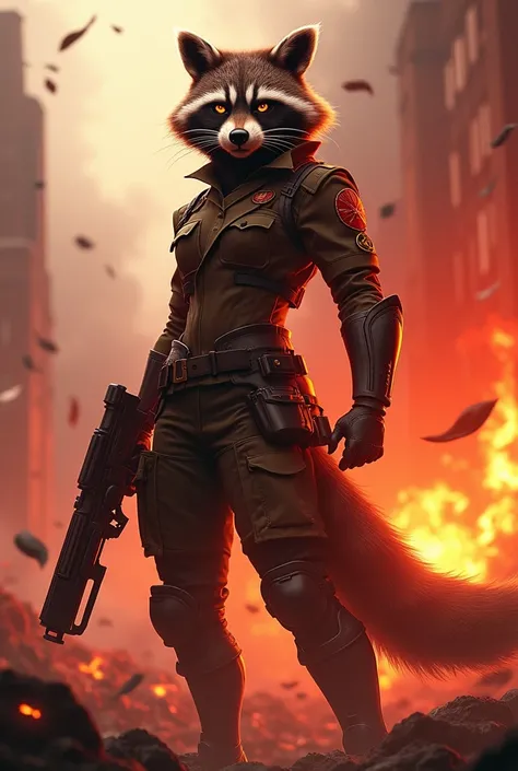 A victorious female raccoon with fiery eyes dressed in a female military uniform in a war setting holding a powerful weapon while exuding a red-colored aura of power