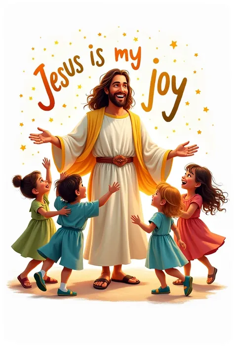 Drawing of Jesus , Magic Godfathers style, happy jesus, with some children dancing happily. White background with the words JESUS IS MY JOY in Portuguese with colored letters