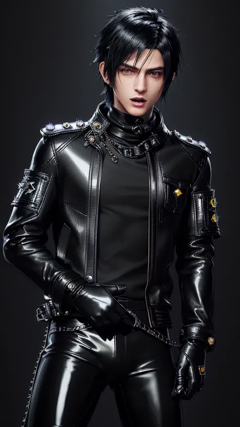 ((Final fantasy taste and reality graphics)), ((Japanese young cute and cool ikemen  boy)), his age is early 20s, thin eyebrows and beady eyes,  ((((he wearing black color and  shining brightly enamel leather thick single-brest  jacket)))), ((with epaulet)...