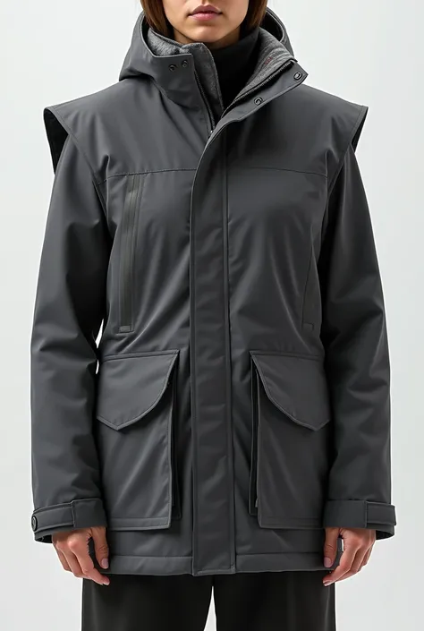 "Design a unique, convertible two-in-one jacket and vest set. The jacket should have a sharp, structured silhouette made from a high-quality, weather-resistant fabric in deep matte charcoal gray. The sleeves should be detachable via hidden zippers, allowin...