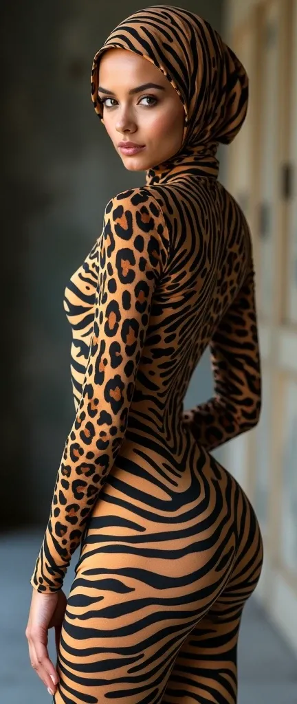 the beautiful,slender thin and prettiest Malaysian muslimah adult girl with beautiful cheeks wears ocelot print lycra turtleneck unitard catsuit covered with seamless stripes and always wear ocelot print lycra elastane stretchy dance wear hijab covered wit...