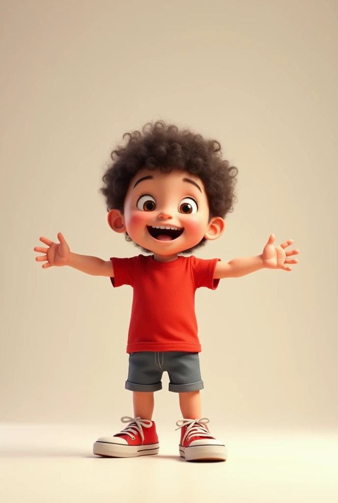 Design a three-year-old child who is standing, that I have shorts as clothes, a red shirt and his tennis shoes, and that he is looking forward and with his arms extended