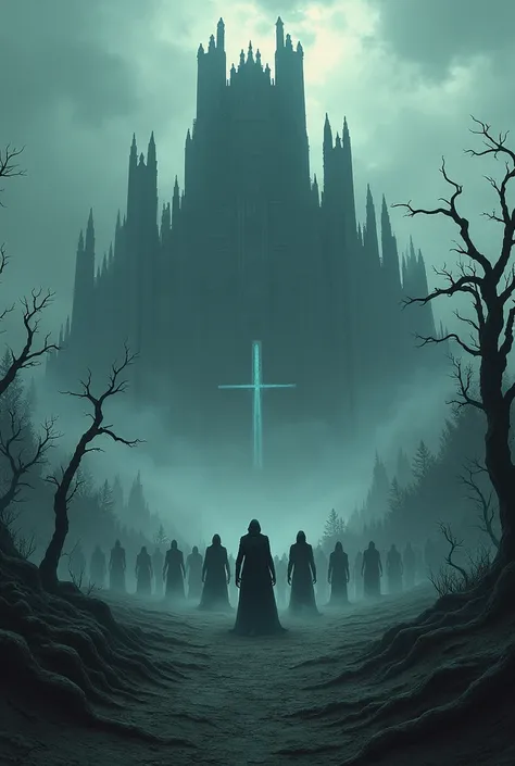 a landscape picture of helheim with deathly nuances, the great castle of death where hela ruled in the background, with few undead soldiers lining up to the castle