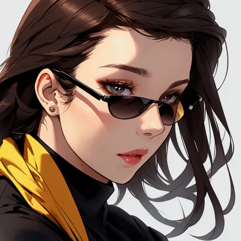 Create profile of young woman with dark brown hair, to wear black sunglasses