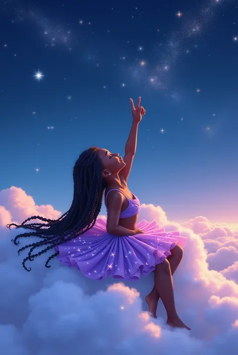  black girl sleeping on top of a cloud in the sky pointing at the stars with long black braids wearing a bikini dress with a lavender colored skirt with stars 