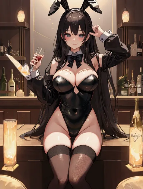 Highest quality, masterpiece, Ultra-high resolution, female、Big Breasts、Black Bunny、leotard、Mesh Knee Socks、Night Bar、A charming smile