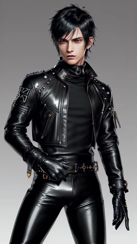 ((Final fantasy taste and reality graphics)), ((Japanese young cute and cool ikemen  boy)), his age is early 20s, thin eyebrows and beady eyes,  ((((he wearing black color and  shining brightly enamel leather thick single-brest  jacket)))), ((with epaulet)...