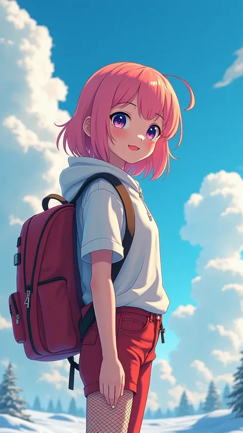 Girl with backpack on her back, In Hayao Miyazaki&#39;s beautiful anime scene: Such a nevada，Huge Miyazaki clouds float in the blue sky, Lovely snowy city with glorious sunshine, Landscape by Hayao Miyazaki，(The side view：1.5)，(top yellow:1.4), (red jeans:...