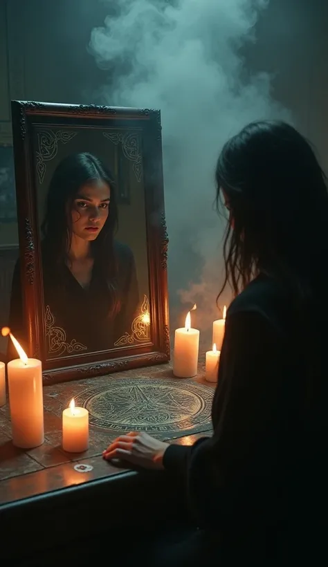 woman performs a mysterious ritual with candles and a mirror. Symbols drawn around the mirror, Smoke rises. gloomy and dark environment