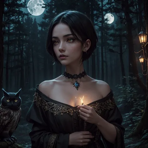 A beautiful witch with amber brown eyes, small slanted eyes, a small mouth, pale skin, a pixiecut shaved black hair, an eyebrow piercing, an ear piercing, sleeping in a nighttime forest, with an owl nearby, mushrooms scattered on the ground, a black cat, a...