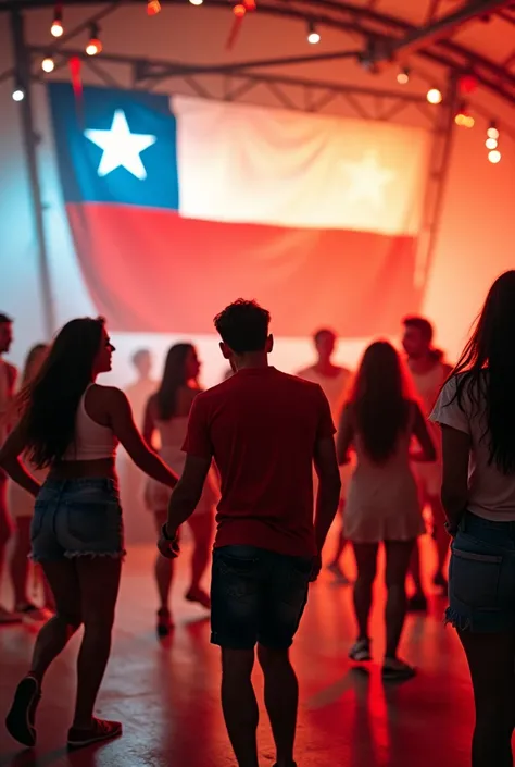 Flag of the country Chile in the background, People dancing in a large event tent , casual clothes , Tropical live music group in the back of the room 