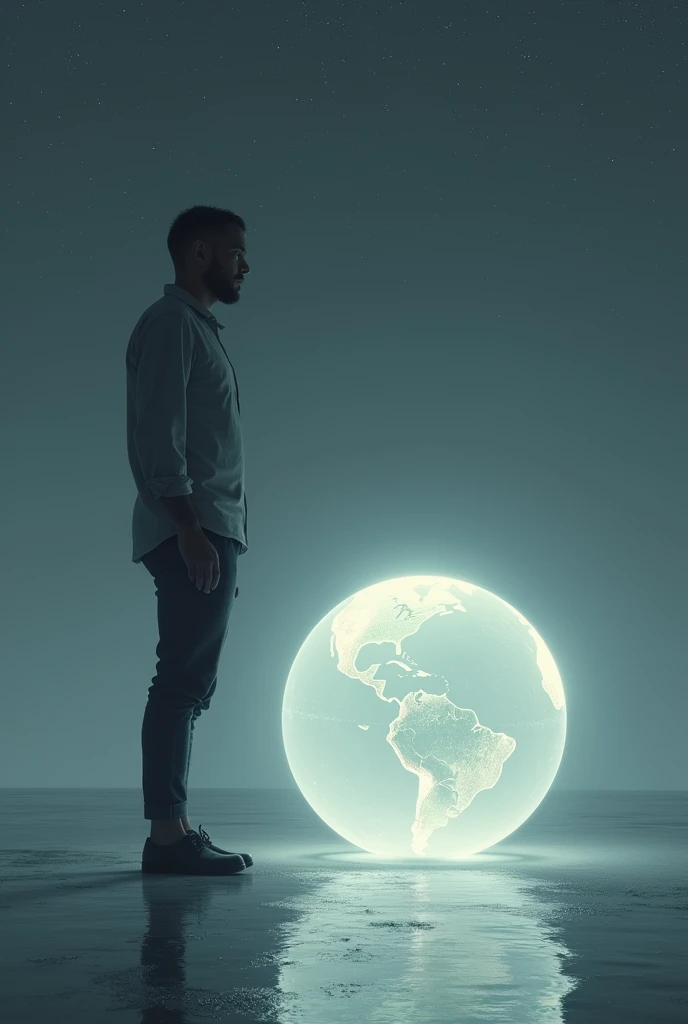 A side view photo of a man standing on a light gray floor with water, and the sky is black with few stars and in front of it a giant clear sphere that represents the world and the optimistic opportunities it offers
