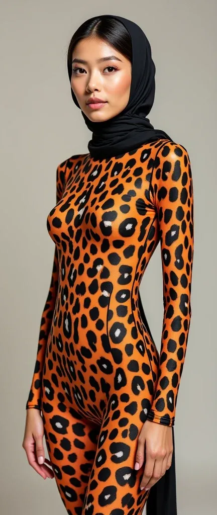 the beautiful,slender thin and prettiest Asian muslimah adult girl with beautiful cheeks wears margay print lycra turtleneck unitard catsuit covered with seamless spots and always wear margay print lycra elastane stretchy dance wear hijab covered with seam...