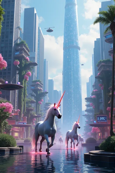 A futuristic city with unicorns 
