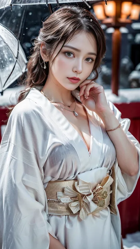 (RAW shooting, Photoreal:1.5, 8K, highest quality, masterpiece, ultra high resolution), ((((heavy snow, Blizzard)))), Highly detailed skin and facial textures:1.3, perfect dynamic composition:1.2, (In front of a shrine at night in a modern city, expression...