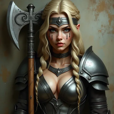 High-resolution, fantasy-themed portrait of a fierce female warrior. The layout is centered, focusing on the subjects upper body. She has long, wavy blonde hair, partially braided, and intense blue eyes. Her facial features are sharp, with a determined exp...