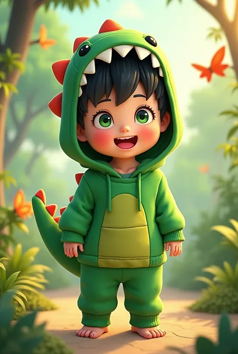 Green dinosaur hoodie green eyes a green shirt with a cute green dinosaur smile anime Short black messy hair green dinosaur tail boy