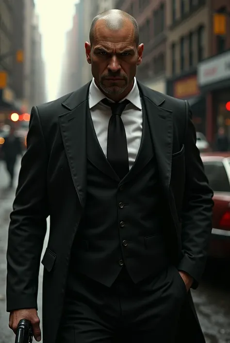 Gun in hand. Short brunette man with shaved hair. Wearing a suit. Mafia guy. Smoking like a realistic person in New York. Looks like hes in trouble