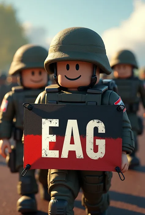 (photorealism:1.2), Draw a cover of a military organization whose initials are EAG and in the background there are some troops from the organization.,  that the soldiers have the Roblox style that looks like a game cover and that the initials EAG appear in...