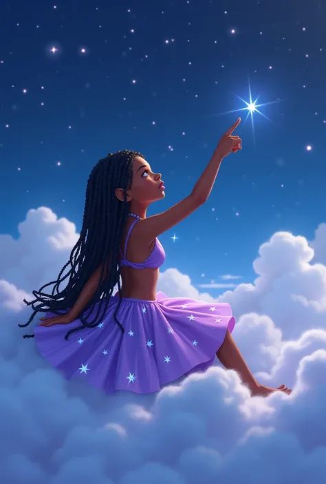  black girl sleeping on top of a cloud in the sky pointing at the stars with long black braids wearing a bikini dress with a lavender colored skirt with stars 