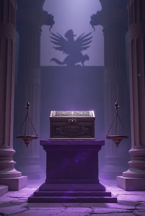 Pandora&#39;s box prostrated on a violet pillar, On each side there is a scale, In the background you can see shadows of mythological beasts, The setting is an ancient Greek style temple.