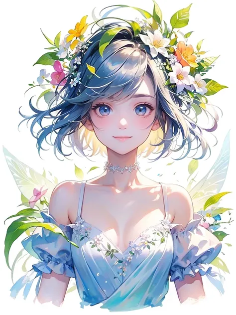 (masterpiece、Highest quality、Highest quality、Beautiful and beautiful:1.2)、Excellent anatomy、（Watercolor painting 1.5）、Long Shot、straight short hair images、Trendy Hair Color, Beautiful Face、Beautiful Smile, I stare at you shyly,A gentle gaze, Fairy, 蝶のFairy...