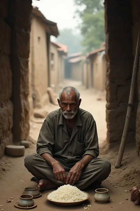 Poor Village man eaing rice on plate in his home front 