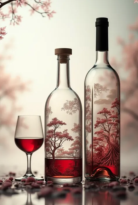 A product photo of a wine decanter，square wine bottle，Glass material， with ink and wash landscape patterns on the surface，Chinese painting，Perfume bottle，artistic silhouette，High-end elegance，Chinese Culture，Chinese style，high quality，surreal style