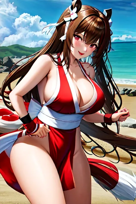 masterpiece, best quality, beautiful art, high resolution, well formed hands, body and fingers, 1 woman, solo, Kashino, red makeup, red lipstick,adult, grown up,  cosplaying as Mai Shiranui , mai_shiranui_cosplay, adult, large and big breasted, cleavage, f...