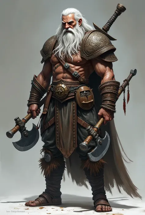 PueDes Diseñar un personaje para D&D, que sea De raza triflin,  hombre De clase barbara, De una altura De 1.84 cm, De ojos color negros, long white hair, amante De la cultura, sostenienDo Dos hachas De mano, De piel color gris plateaDo, que tenga una eDaD ...