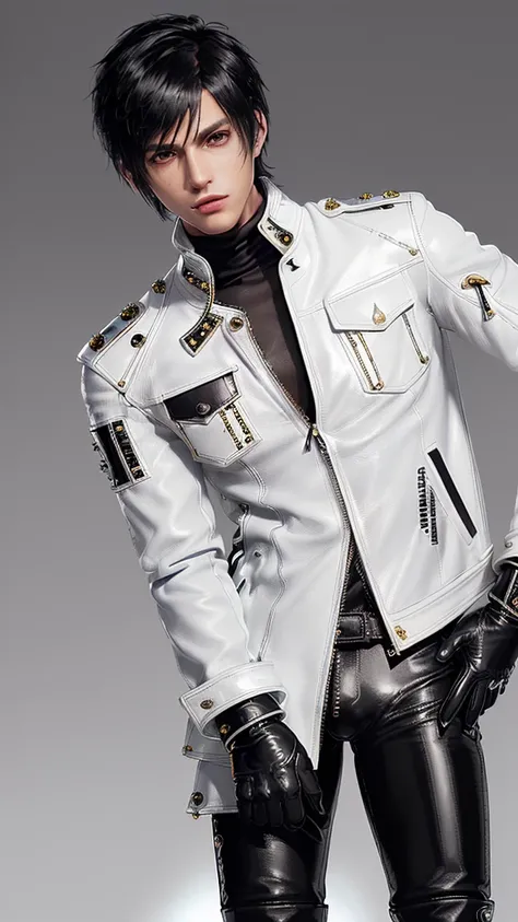 ((Final fantasy taste and reality graphics)), ((Japanese young cute and cool ikemen  boy)), his age is early 20s, thin eyebrows and beady eyes,  ((((he wearing white color and  shining brightly enamel leather thick single-brest  jacket)))), ((with epaulet)...